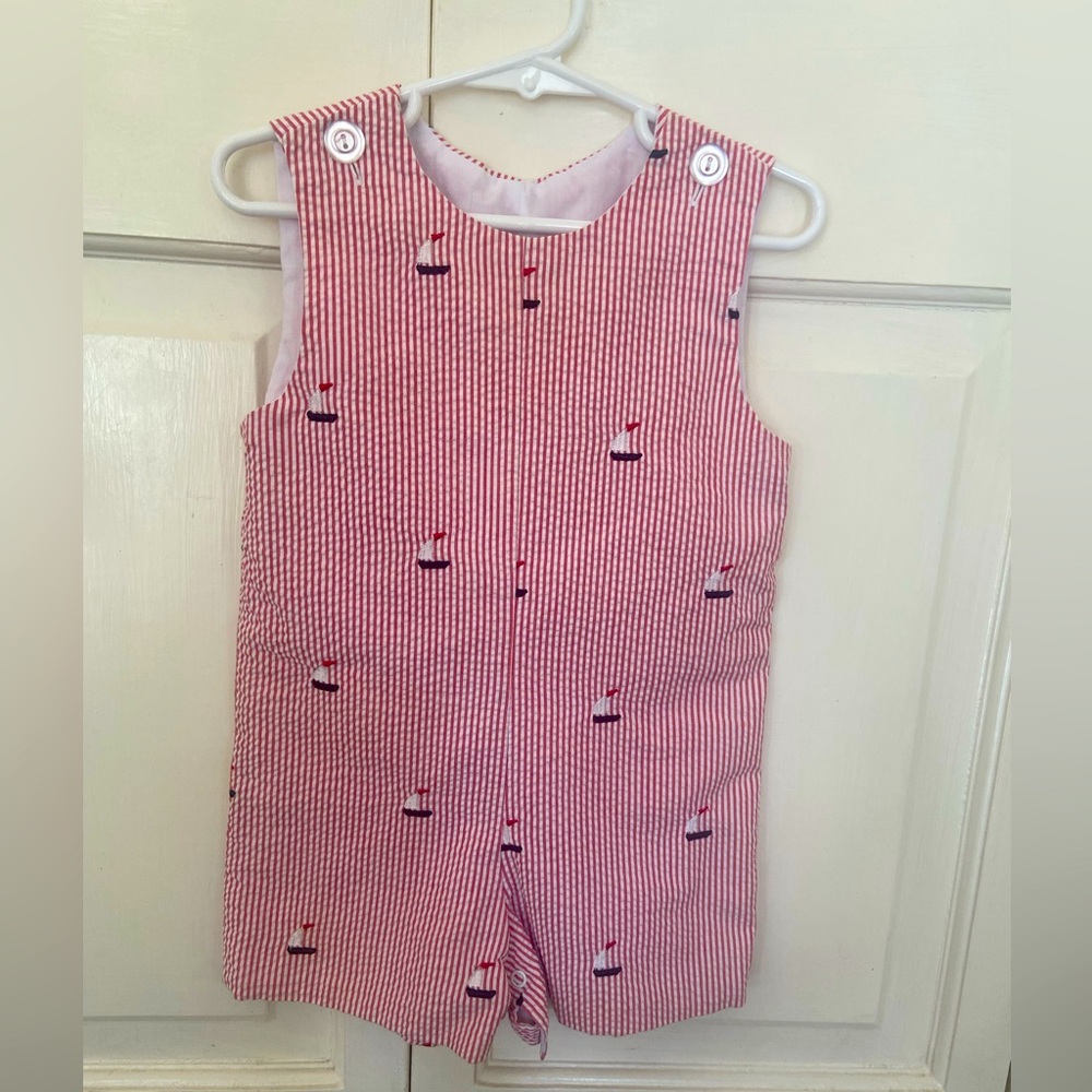 Red seersucker sailboat John John/shortall. Adorable back detail!